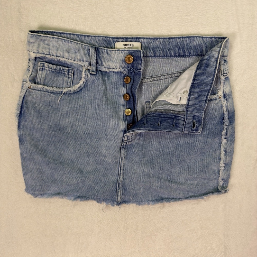 Forever 21 Skirt Womens 28 Blue Light Wash Denim Fringe Button Fly Mini